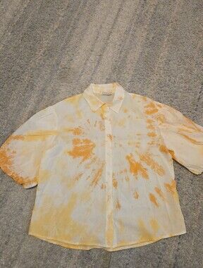 Stark X Tie Dye Button Up Shirt Womens S Small Orange Yellow Cotton Puff Sleeve